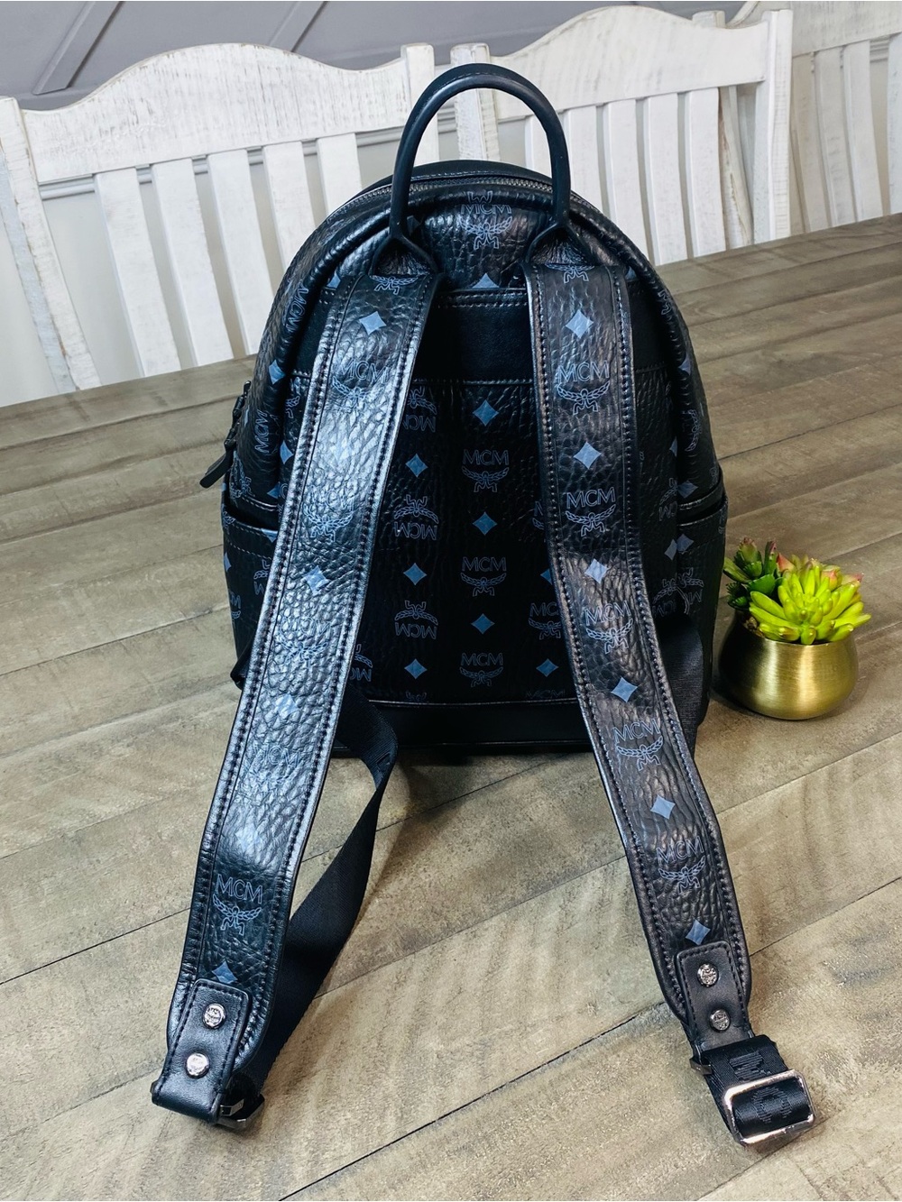 MCM Black Visetos Dual Stark Cyber Flash Backpack Blue Geometric - Picture 6 of 14